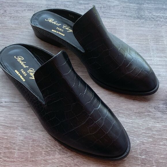 New Robert Clergerie Paris Alice open heel flat Mules loafers black croc EU 36.5 - Picture 11 of 16